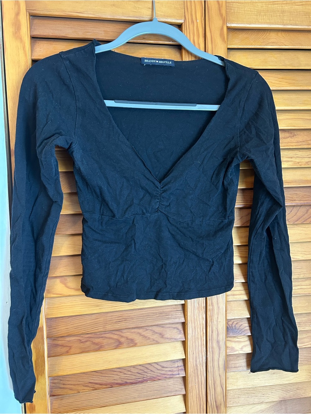 Brandy Melville Black Long-Sleeve V-Neck Ruched Top